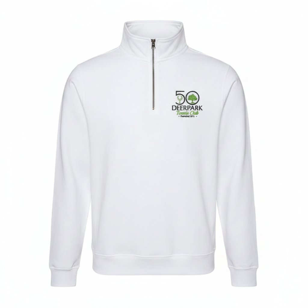 Quarter Zip Sweatshirt JH046 - White with Jubilee Logo - Deerpark Tennis Club